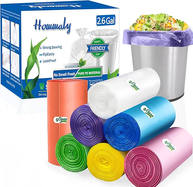 2.6 Gallon 350pcs Multicolr small Trash Bags Strong Garbage Bags, Bathroom mini Trash Can Bin Liners, Plastic Bags for home office, waste basket liner, fit 10 Liter,2,2.6,3Gal（Multicolr 350）