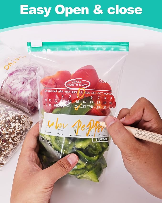 120 Pack Calendar Slider Quart Freezer Bags Reusable Food Storage Bags Slide Zipper Expandable Bottom Clear Plastic Freezer Bags With Write-On-Label For Food Storage (Green)