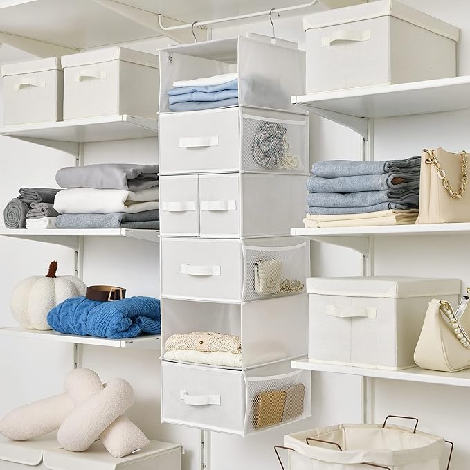GRANNY SAYS Hanging Closet Organizer and Storage, 6 Shelf Clothes Organization with Drawers, 6 Side Pockets Closet Hanging Shelves for Bras, Socks, Underwear, Nursery Room, Wardrobe, White, 1-Pack