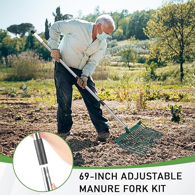 Manure Fork Replacement Head, Heavy Plastic Horse Manure Fork with 69 Inch Spliced Extension Rod – Long Handle Fork for Hay, Compost, Barn, Horse Stable & Gardening（Blue）