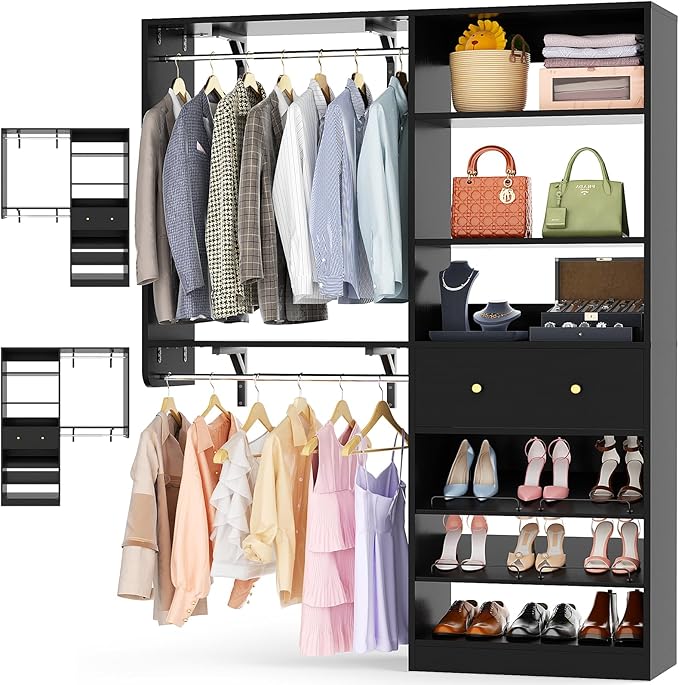 Closet System with Drawer - Reversible 5FT Wood Closet Organizer System with 2 Hanging Rods and Adjustable Shelf, Walk In Closet Organizers with Shoe Rack, Built-In Garment Rack Clothes Rack, Black