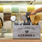 MINCORD Utensil Holder with 3 Compartments, Rustic Wood Utensil Caddy Crocks for Kitchen Counter, Farmhouse Flatware Organizer Storage Box for Silverware Fork Spoon Spatula