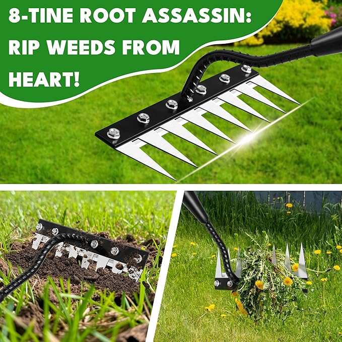 Iron Weeding Rake with Handle 2.0, 2025 Upgraded 8 Teeths Garden Weed Puller Tool Heavy Duty Gardening Tool for Lawn, Flower Beds & Soil Aeration