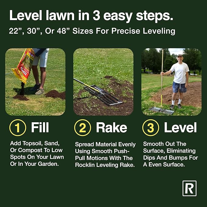 Rocklin™ Lawn Leveling Rake | Levelawn Tool | Level Soil or Dirt Ground Surfaces Easily | 48” x 10” Ground Plate | 78” Extra Long Handle | Stainless Steel