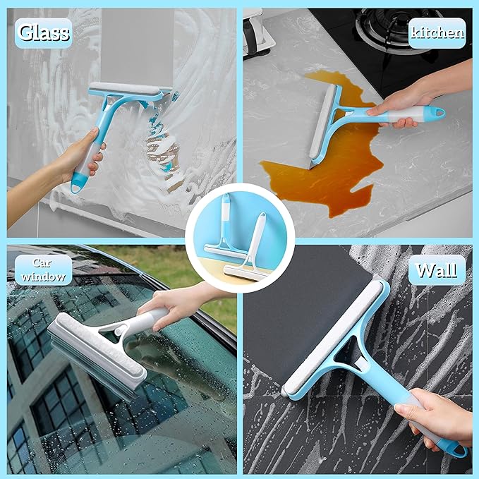 2 Pack 3 in 1 Window Cleaning Scraper, 3 in 1 Spray Squeegee, Window Squeegee Cleaner Tool with Built-in Spray Bottle and 4 Replaceable Sponges for Car Home Windows Glass and Tiles Etc