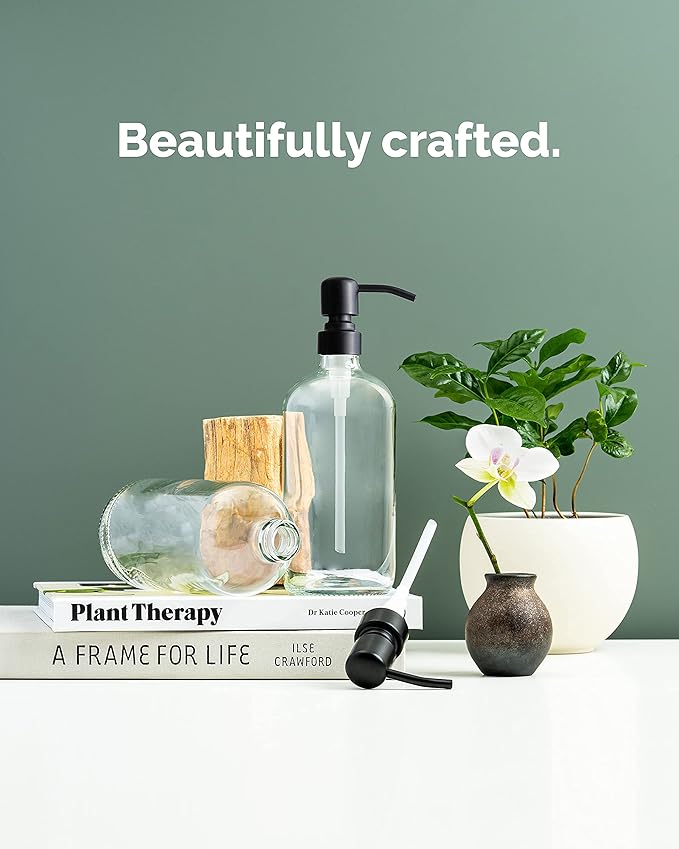 Vine Creations Clear Glass Soap Dispenser, 2 Pack Kitchen Soap Dispenser Set with Stainless Steel Pump, 16 oz Dish Soap and Hand Soap Dispensers for Bathroom with Waterproof Labels