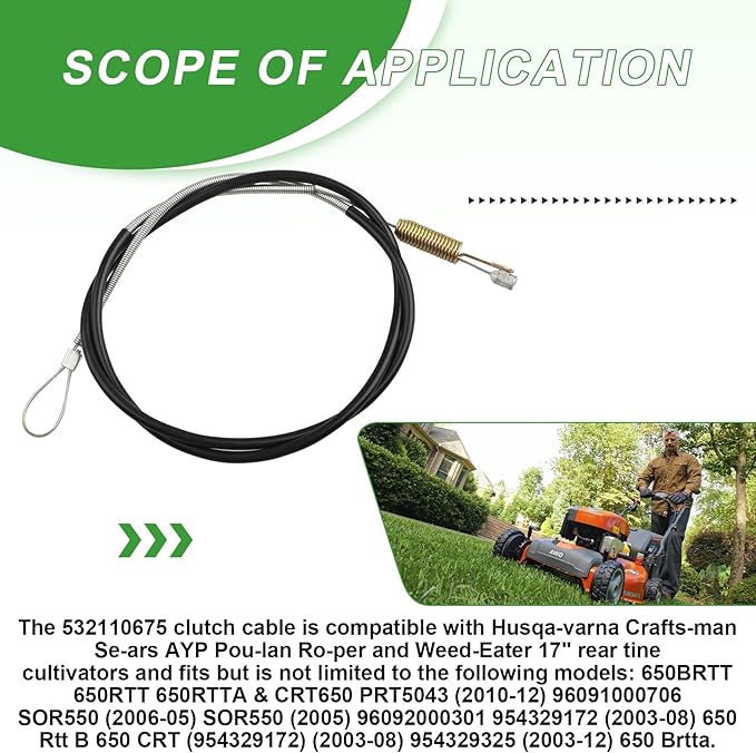 532110675 Clutch Cable for Husqavarna Craftsman Sears AYP Poulan Roper Weed Eater 17" Rear Tine Tiller, Fits Models 650BRTT 650RTT 650RTTA, Replaces Part Number 110675 110675X DNLX3845 5321106-75