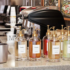16.9 oz (500 ml) Coffee Syrup Dispenser Set- 4 Glass Bottles with Gold Pumper and Syrup Labels - Precise Dispensing and Stylish Addition to Coffee Shop, Cafe or Home Bar