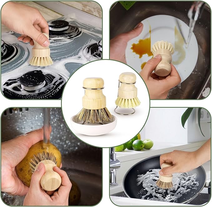 Bamboo Dish Brush Set with Holder - Natural Dish Scrub Brush for Cleaning Dishes, Fast Dry Design Kitchen Dish Brush for Sinks & Pots