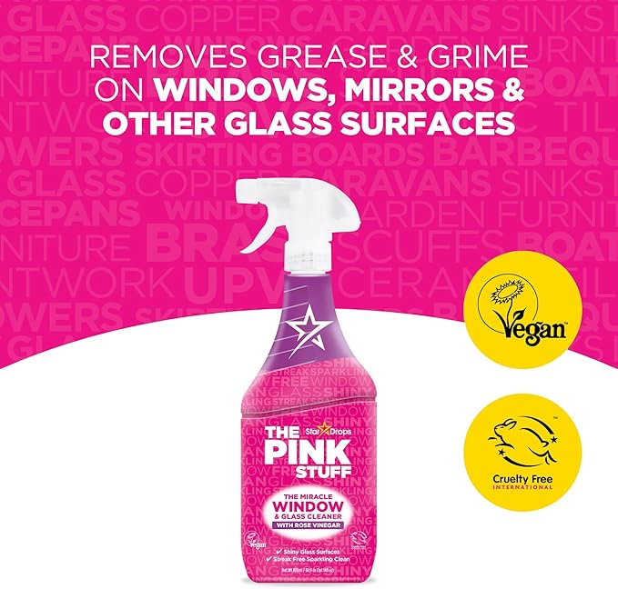 The Pink Stuff Miracle Window Cleaner Spray, 30 fl oz – Now 20% More! Streak-Free Glass & Mirror Cleaner for Crystal Clear Shine – Cuts Through Grease, Fingerprints & Smudges with Ease
