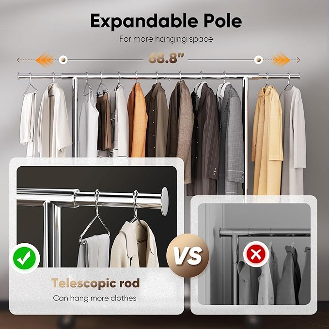 HOKEEPER Clothing Racks Heavy Duty Clothes Rack Adjustable Garment Rack for Hanging Clothes, Portable Coat Rack with Lockable Wheels, for Bedroom, Laundry, Balcony, Living Room 68.89''H*70.86''W*20"D