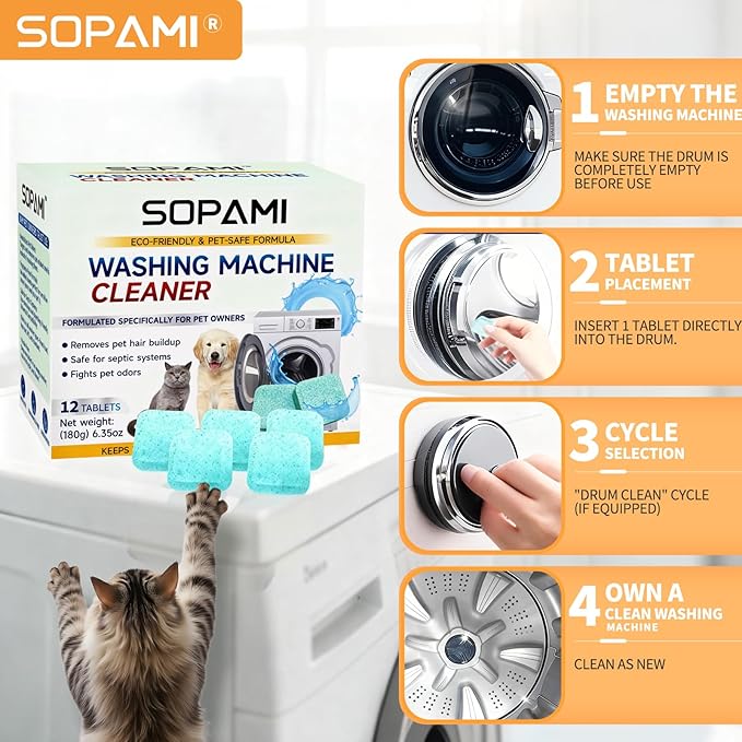 SOPAMI Washing Machine Cleaner Tablets for Pet Owners, Deep Cleaning HE Front Load and Top Load Washer, Septic Safe, Removes Stubborn Pet Hair and Odors
