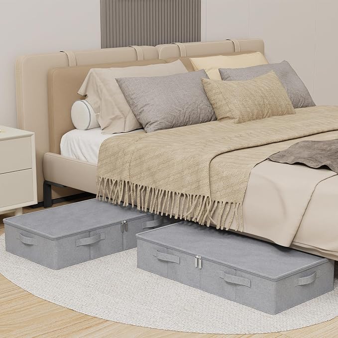 Underbed Storage Box, Foldable Under Bed Bins Container, Organizer Baskets with Lid for Organizing Clothes, Sheets, Pillows, Comforter, 31.4x15.7x5.9in, Grey, 3 Pack
