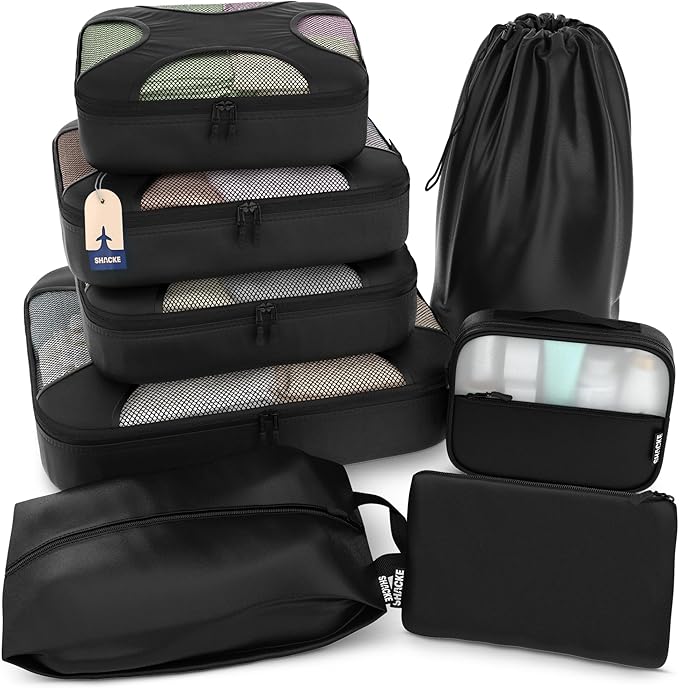 Shacke Premium 8 Packing Cubes Set - Lightweight Mesh Travel Luggage Organizers with Laundry Bag, 8-Piece Suitcase Storage System (Black)