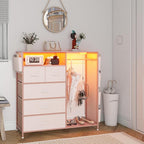 Dresser for Bedroom with Clothes Rack Side Pockets 5 Drawer Dresser with Charging Station LED Lights Black Storage Chest of Drawers for Hallway Closet Sturdy Steel Frame Wood Top (Pink)