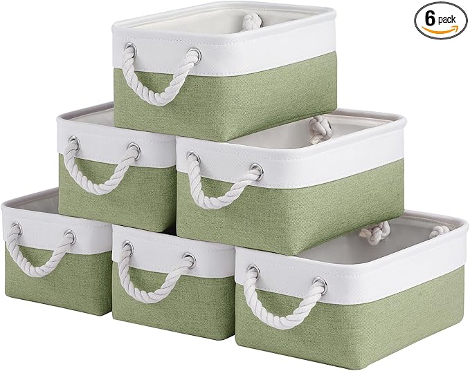 Storage Baskets for Shelves 11.8x7.9x5.2 Inch-Foldable Fabric Organizing Storage Bins with Handles, Closet & Bathroom Organizer, Home Storage for Kitchen, Office (6-Pack, White&Green)