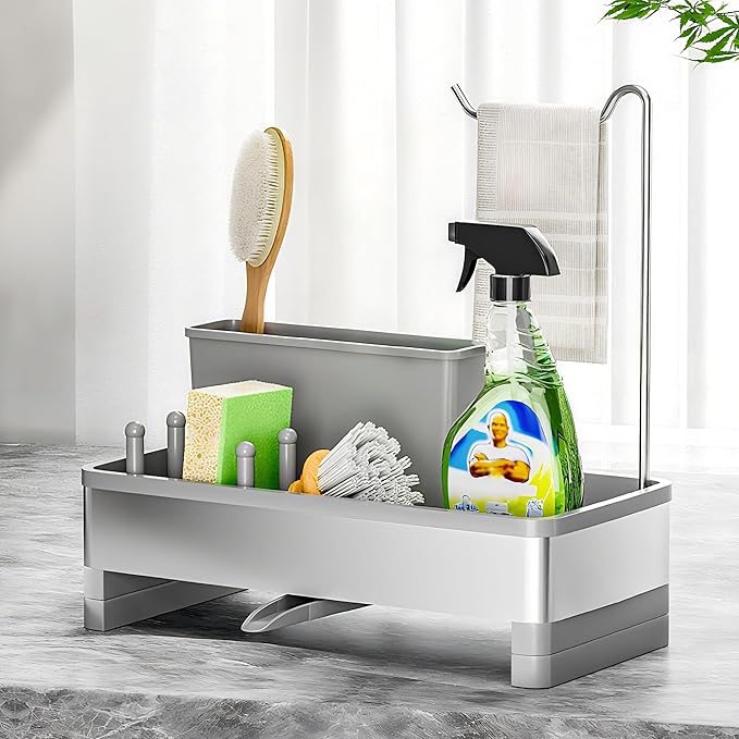 Ewaiira Stainless Steel Sink Caddy, Sponge Holder for Kitchen Sink with Brush Holder & Dishcloth Rack, Rustproof Sink Organizer Countertop, Kitchen Organizers Storage Essentials (F-Gray 9.8″)