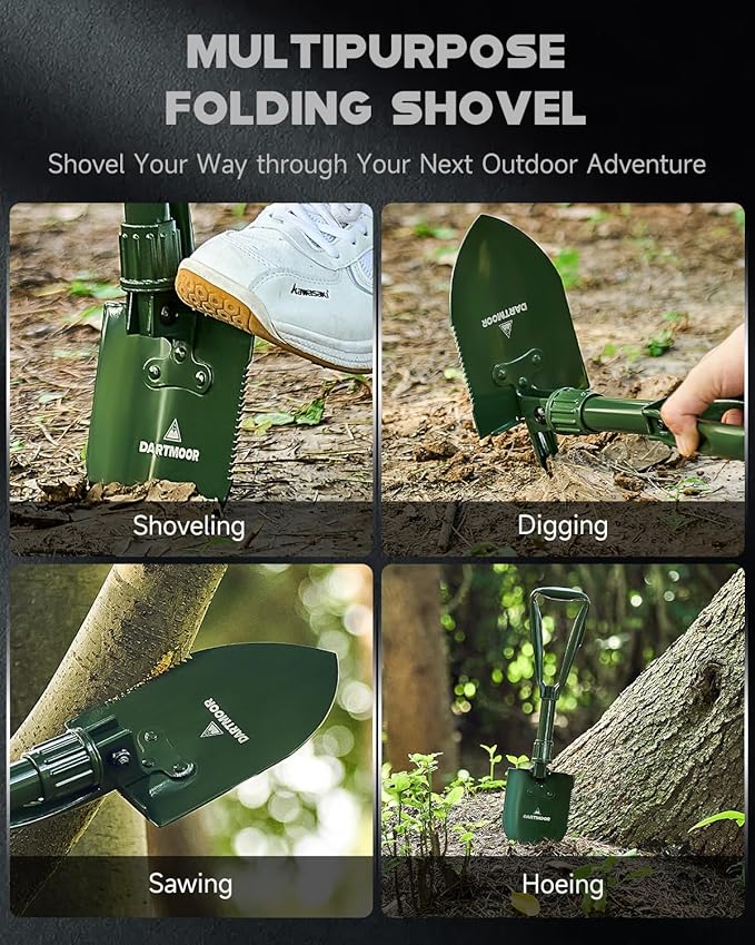 18.1" Military Style Foldable E-Tool, Small Compact Lightweight Survival Shovel, Entrenching Tool for Off Road, Folding Spade Collapsible Shovel for Camping, Hiking, Digging, Gardening, Green