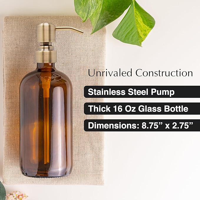 Vine Creations Amber Glass Soap Dispenser, 2 Pack Kitchen Soap Dispenser Set with Stainless Steel Pump, 16 oz Dish Soap and Hand Soap Dispensers for Bathroom with Waterproof Labels