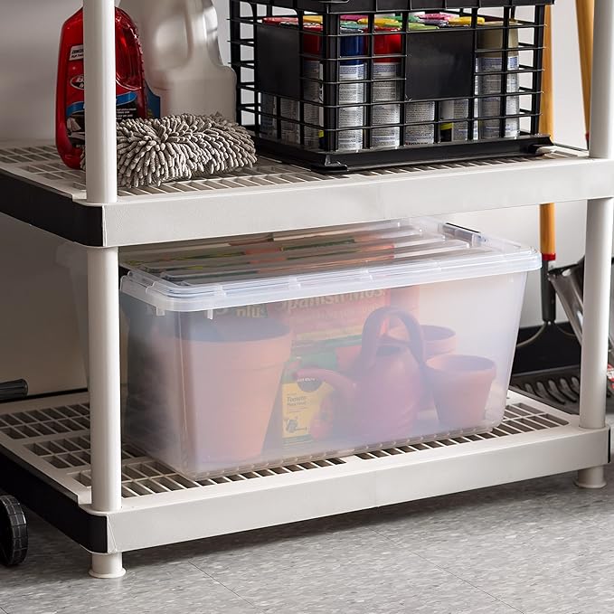 IRIS USA 68 Qt Stackable Plastic Storage Bins with Lids, 5 Pack - BPA-Free, See-Through Organizing Solution, Latches, Durable Nestable Containers, Secure Pull Handle, Made in USA - Clear
