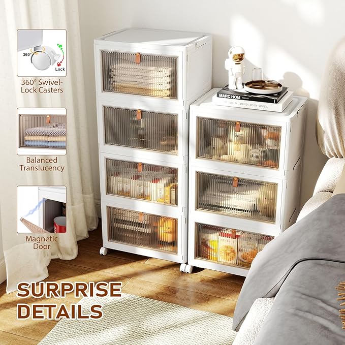 4 Tier Storage Bins with Lids, 23QT Stackable Closet Organizers and Storage with Wheels, Collapsible Storage Boxes, Foldable Plastic Storage Containers for Home,Office, Dorm Room-White