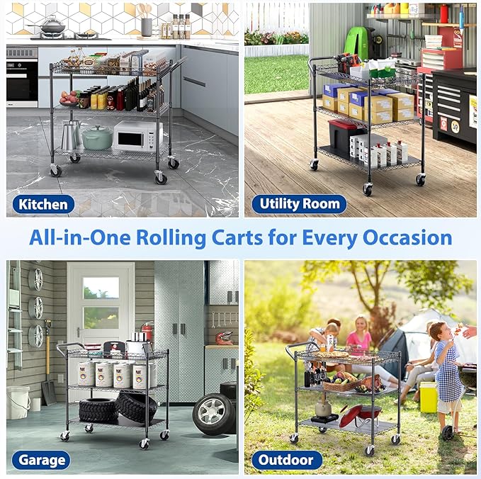 WDT 1350Lbs Capacity Heavy Duty Rolling Utility Cart, Large 3 Tier Rolling Carts with Wheels 24" Dx45 Wx39 H, NSF Commercial Grade Roll Metal Cart, Trolley Serving Cart for Garage, Kitchen, Warehouse