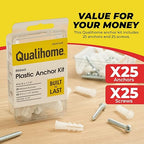Qualihome Ribbed Plastic Drywall Anchor Kit, Wall Anchors and Screws for Drywall Includes Anchors, & Screws, 1 Masonry Drill Bit, Mounting Tolls for Decor, Shelving ([25 Pack] 14-16 x 1-1/4")