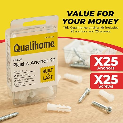 Qualihome Ribbed Plastic Drywall Anchor Kit, Wall Anchors and Screws for Drywall Includes Anchors, & Screws, 1 Masonry Drill Bit, Mounting Tolls for Decor, Shelving ([25 Pack] 14-16 x 1-1/4")