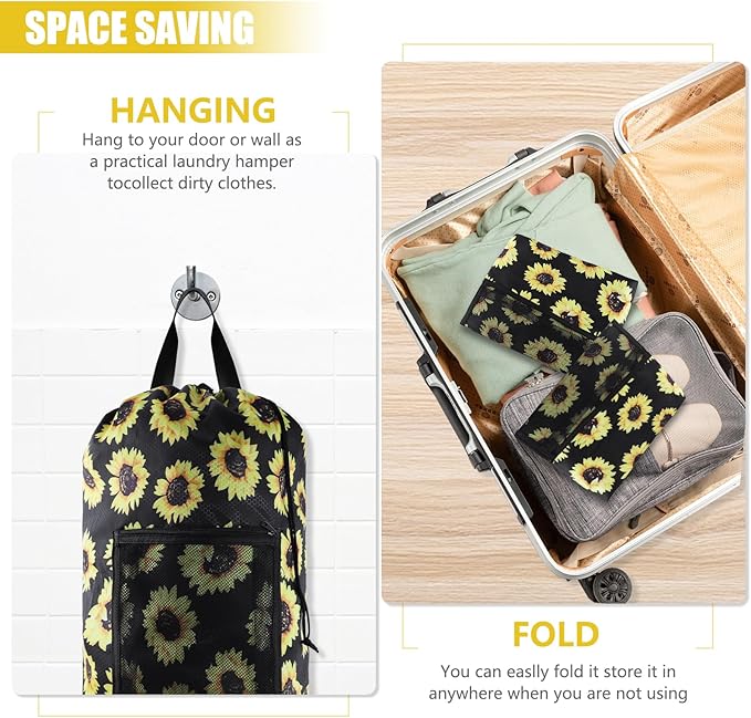 Laundry Bag Backpack, Extra Large Travel Laundry Bag with Mesh Pocket & Adjustable Shoulder Straps,Dirty Clothes Travel Bag for College Students Dorm,Apartment(Sunflower)