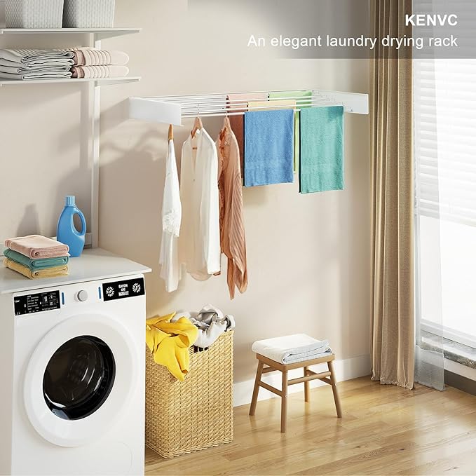 Wall Mounted Drying Rack, 31.5 "Wide, 13.2 Linear Ft, 5 Aluminum Rods, 40 lb Capacity, Space Saver Laundry Drying Rack Collapsible (Silvery Pole 31.5" Medium)