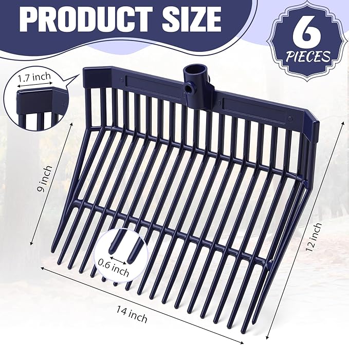 Lasnten 6 Pcs Manure Fork Replacement Head, 18 Tines Pitchfork Head with Screws and Nuts, Horse Manure Rake for Picking up Grass and Hay (Navy)