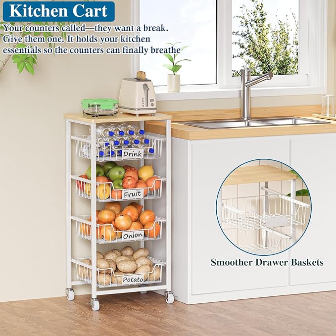 5-Tier Small Kitchen Storage Cart on Wheels with Pull-Out Drawers, Rolling Pantry and Snack Organizer Cart with Wood Top, Kitchen Floor Fruit Basket Stand for Fruit Potato Onion Veggie Snack