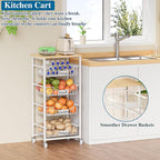 5-Tier Small Kitchen Storage Cart on Wheels with Pull-Out Drawers, Rolling Pantry and Snack Organizer Cart with Wood Top, Kitchen Floor Fruit Basket Stand for Fruit Potato Onion Veggie Snack