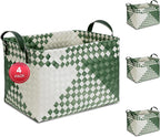 15L Laundry Baskets Waterproof Storage Baskets For Shelves Large Laundry Hamper With Leather Handle -set of 6 Cube Organizers Woven Bins for Bathroom,Bedroom,Pantry,Clothes,Car & Towels-Green