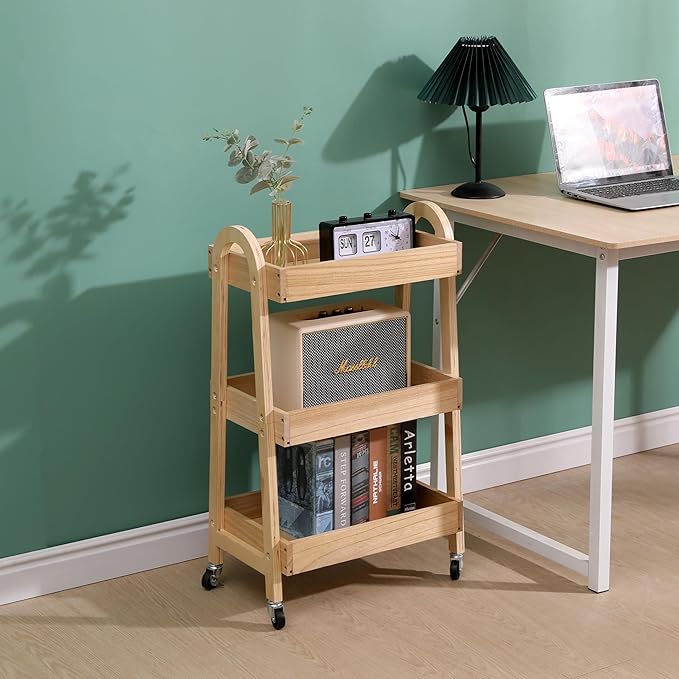 3-Tier Rolling Craft Cart, light-colored wood, Sturdy, Waterproof, with Wheels, for Kitchen, Bathroom, Laundry