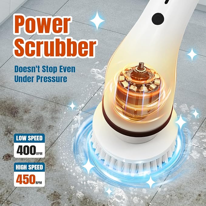 Electric Spin Scrubber, Cordless Cleaning Brush Scrubbe with Adjustable Handle and 8 Brush Heads,Two Speeds up to 450 RPM for Bathroom, Floor, and Sink Cleaning(Black)