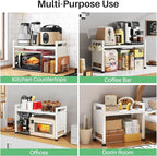 Microwave Stand, 2-Tier Expandable(17.4"-27.4") Microwave Oven Rack, Heavy Duty Adjustable Shelf with 9 hooks, Kitchen Organizer Storage Shelves for Pantry, Countertop, Coffee Bar, Office, Dorm, White