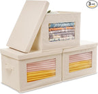 Citylife 3-Pack Storage Bins with Lids, Fabric Foldable Storage Bins with Soft Cord Handles, Canvas Storage Bin with Lid for Organizing Clothes, Blankets and Books, Beige