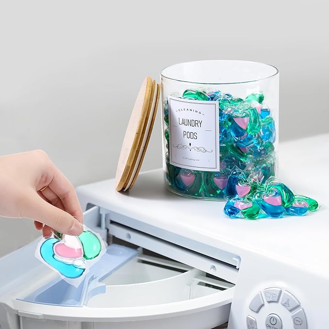 2 Pack Laundry Room Organization Glass Jars- Laundry Pods Container With Airtight Bamboo Lid- Dishwasher Pods Container. Laundry Jars For Detergent Powder, Dryer Balls,Scent Boosters(0.5+0.8Gallon)
