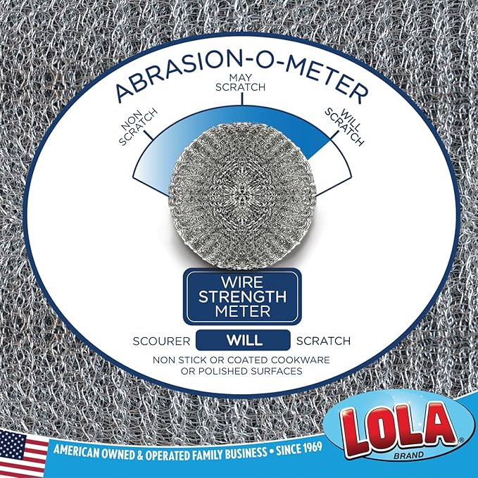 LOLA Steel Wool Wire Mesh Scouring Pad, 12 Pack, Galvanized Steel Knitted, Heavy Duty, Abrasive Scrubber, Powerful for Pots, Pans, Ovens, Grills