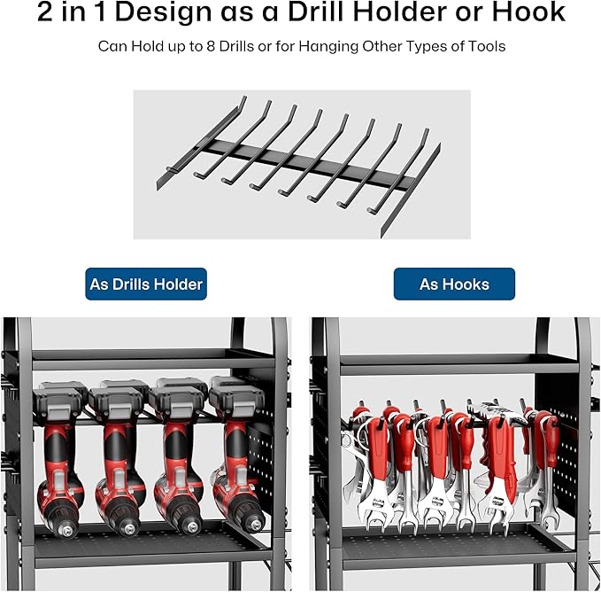 Power Tool Organizer with Wheels 4 Tier Tool Cart Loads 500 LBS with 8 Cordless Drill Holder & Screwdriver Rack Metal Utility Rack for Home, Garage, Workshop, Gifts for Men, Regular with Basket