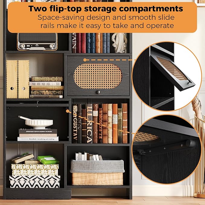 IRONCK 6 Tier Bookshelf and Bookcase with 2 Rattan Design Flip-top Storage Cabinets, 8 Cube Bookcases Display Storage Shelves Organizer for Living Room, 35.4" Black