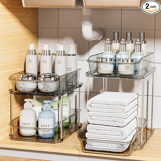Delamu 2 Sets of 2-Tier Clear Under Sink Organizers and Storage, Multi-Purpose Stackable Bathroom Cabinet organizers, Grey