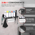 10 Aerosol Spray Can Holder with Paper Towel Holder & 4 Detachable Hooks, Space-Saving Tool Organizer Wall Mount for Garage, Workspace and Tool Room