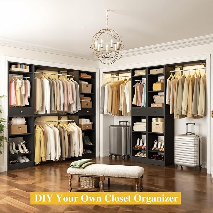 Unikito 10-15FT Closet Systems, Large Wood Walk in Closet Organizer with Hanging Rods and Drawers, Heavy Duty Closets Wardrobe with Shoe Racks, Sturdy Reversible Clothes Closet Kit, Black, Set of 2