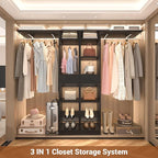 Unikito 58-90 Inch Closet System, Large Walk in Closet Organizer with 3 Hanging Rods and Shelves, Heavy Duty Wood Closets Wardrobe with 2 Drawers & Shoe Rack, Sturdy Reversible Clothing Rack, Black