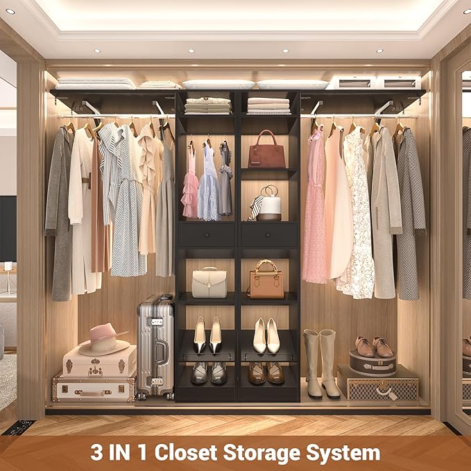 Unikito 58-90 Inch Closet System, Large Walk in Closet Organizer with 3 Hanging Rods and Shelves, Heavy Duty Wood Closets Wardrobe with 2 Drawers & Shoe Rack, Sturdy Reversible Clothing Rack, Black