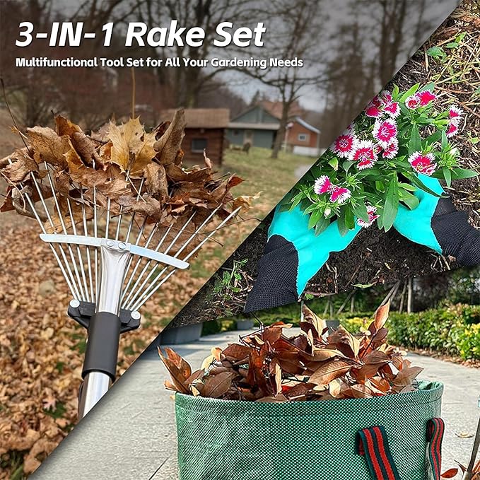 Adjustable Garden Leaf Rake for Leaves 68 inch Garden Tools Set, Leaf Bag and Gloves, Long Handle Stainless Steel Metal Heavy Duty Rake for Yard Lawn Shrub Garden Beds