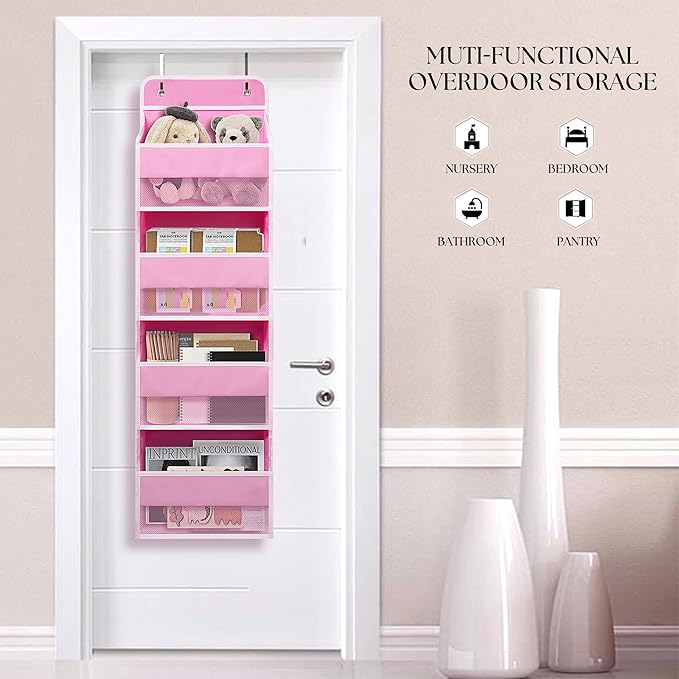 Over Door Organizer with 4 Large Capacity Pockets, Heavy Duty Hanging Organizer Storage for Closet Bathroom Nursery Bedroom Dorm, Toys Cosmetics Sundries and Baby Essentials, Pink