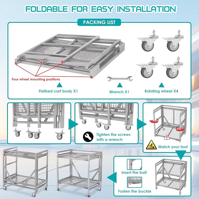 2 Shelf Rolling Cart with Wheels, 660lbs Capacity Collapsible Steel Rolling Utility Cart, Heavy-Duty Foldable Hand Truck, Metal Storage Carts with Handle for Groceries, Warehouse (36" Lx26 W)